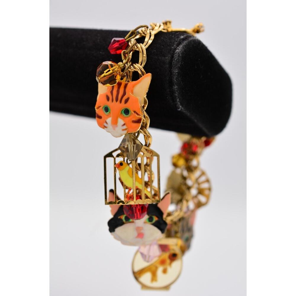 Lunch at The Ritz Cat Charm Bracelet Bird Fish Crystal LATR2GO Signed Bin6